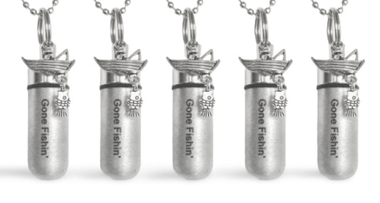 Set of FIVE Brushed Silver Gone Fishing CREMATION URN Necklaces with Laser Engraved "Gone Fishin" Fisherman in Boat - Urn for Human Ashes