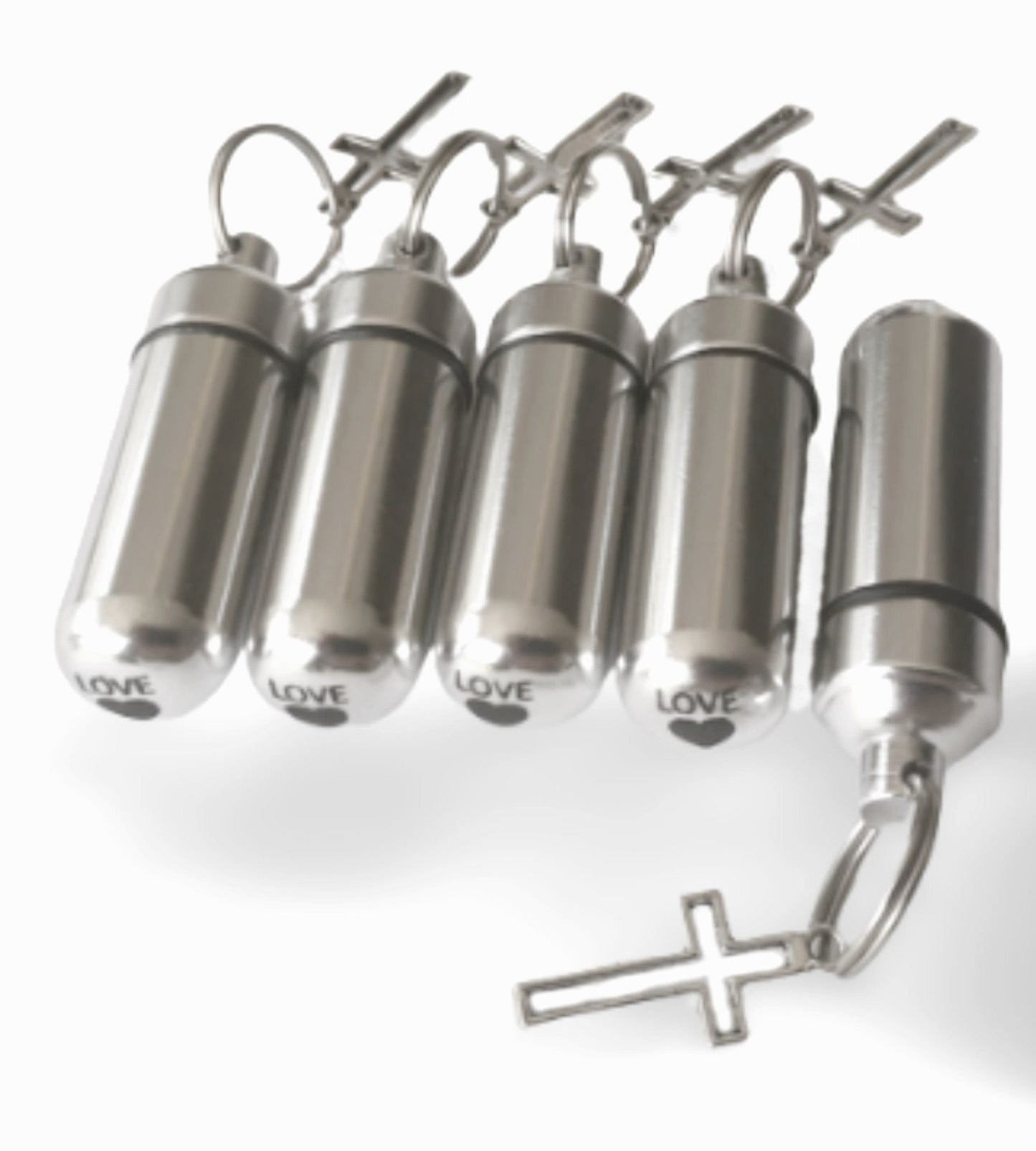 Set of FIVE Silver Hollow Cross CREMATION URN Necklaces with Laser Engraved Hearts - Ashes Jewelry, Urn Necklace, Memorial Jewelry, Pet Urn