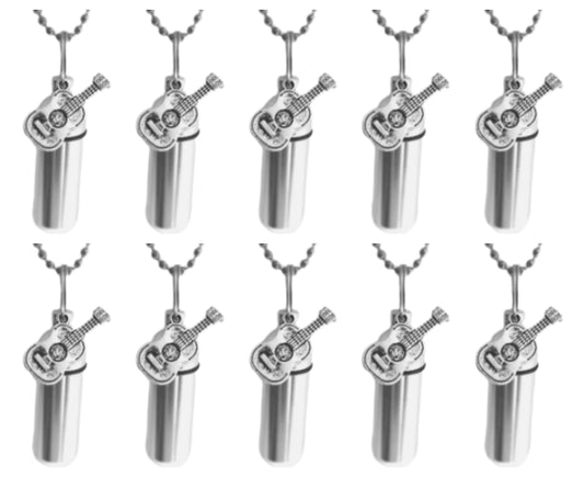 Lovely Set of TEN Silver CREMATION URN Keepsakes with Silver Acoustic/Classical Guitars - Ashes Necklace, Memorial Jewelry, Mourning Jewelry