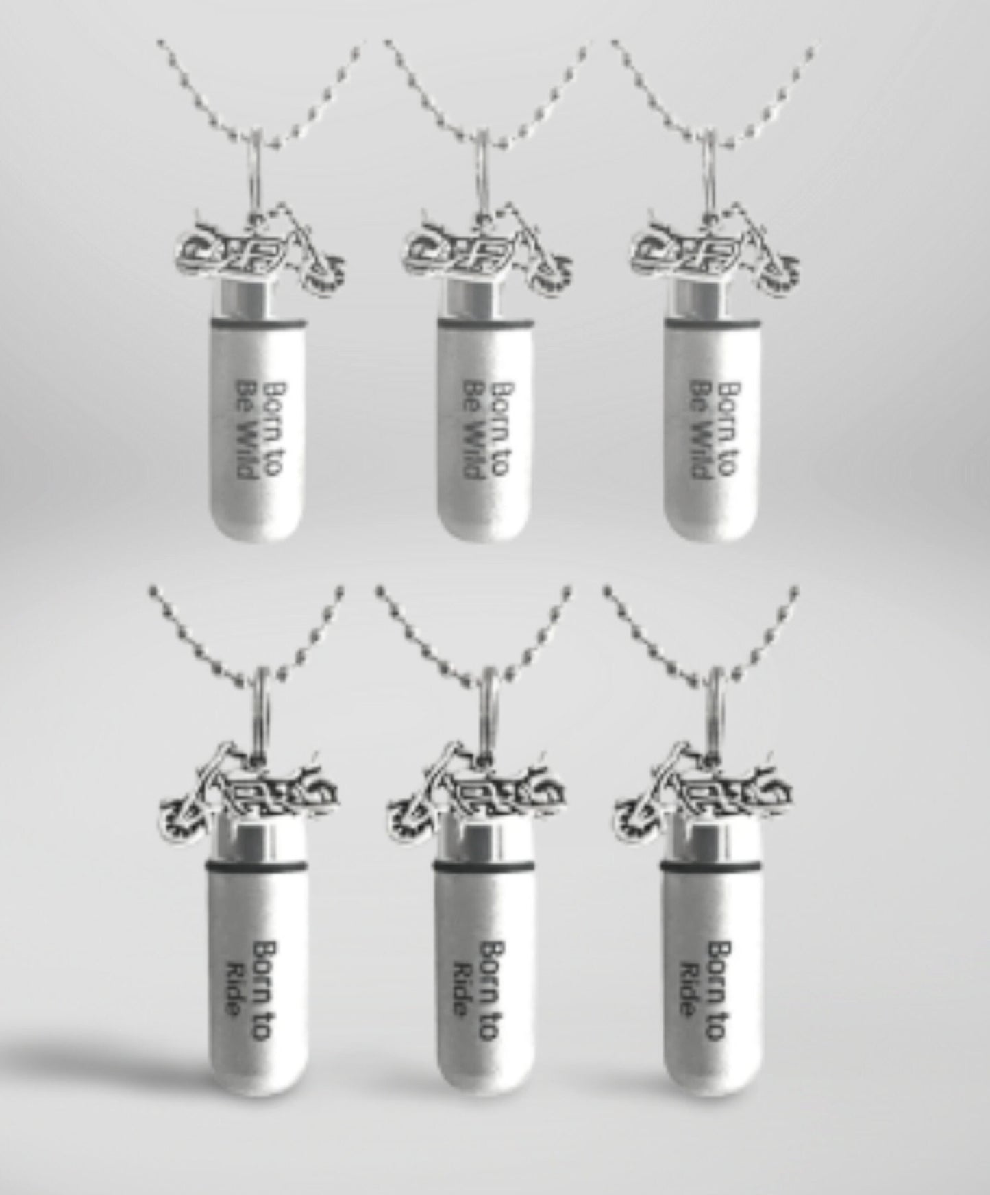 SIX ENGRAVED Brushed Silver Cremation Urn Necklaces "Born To Be Wild" with Silver Motorcycle -Includes Velvet Pouches, Ball-Chains, Fill Kit