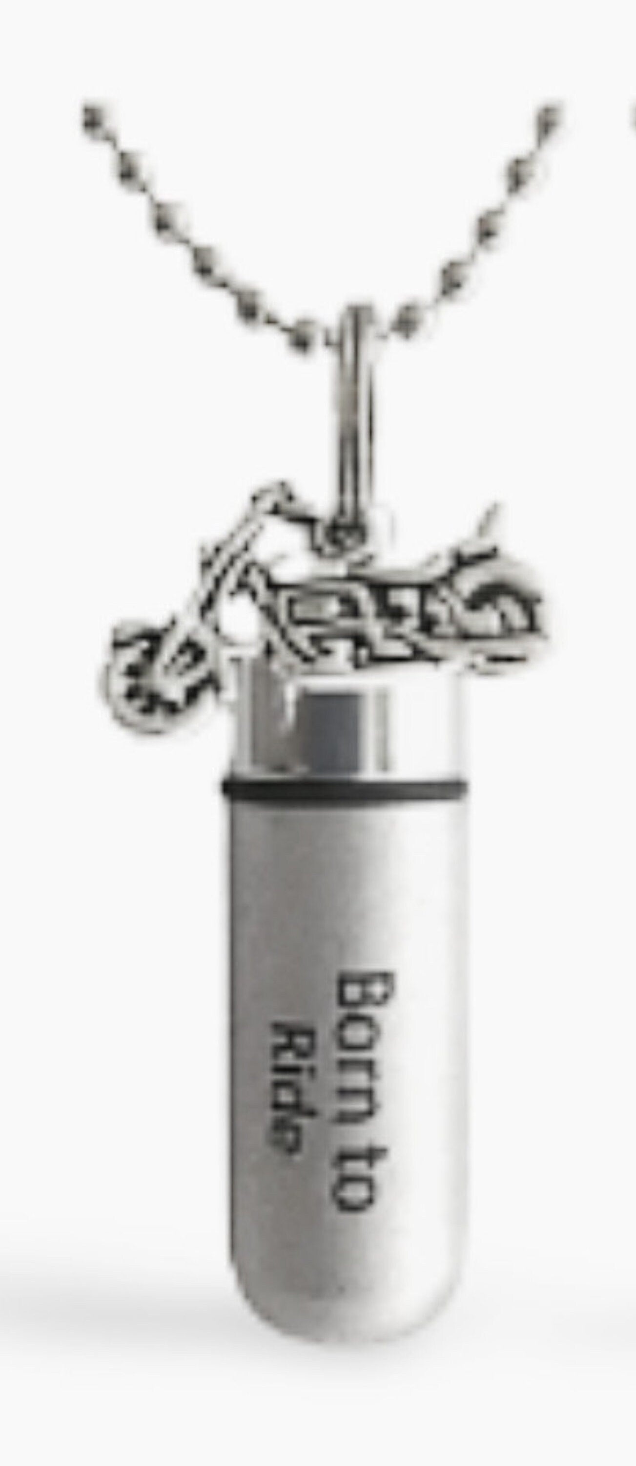 Set of TEN ENGRAVED Brushed Silver Cremation Urn Necklaces with Motorcycles - (5) "Born To Be Wild" & (5) "Born To Ride" - Memorial Jewelry