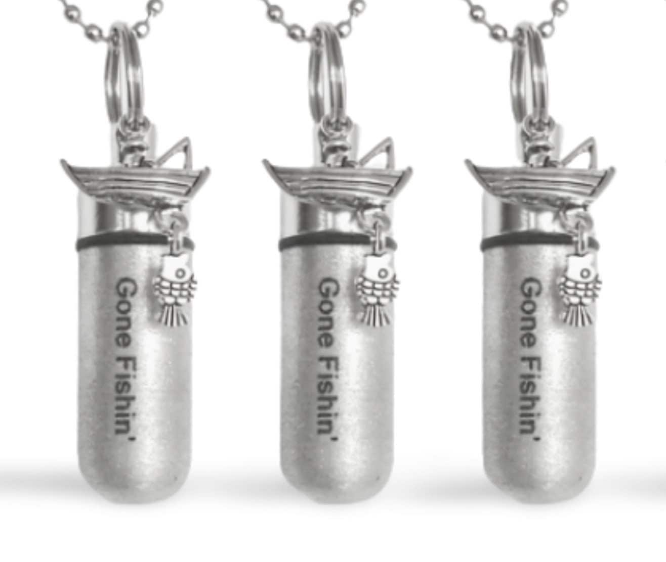 Set Of Three Engraved Brushed Silver "Gone Fishin" CREMATION URN Necklace with Fisherman & Fish - Mourning Jewelry, Urn for Human Ashes