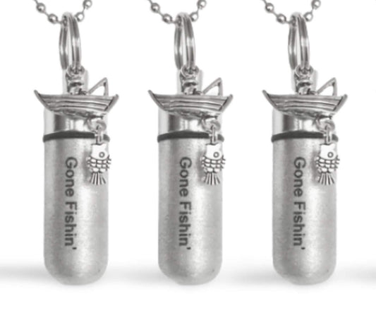 Set Of Three Engraved Brushed Silver "Gone Fishin" CREMATION URN Necklace with Fisherman & Fish - Mourning Jewelry, Urn for Human Ashes