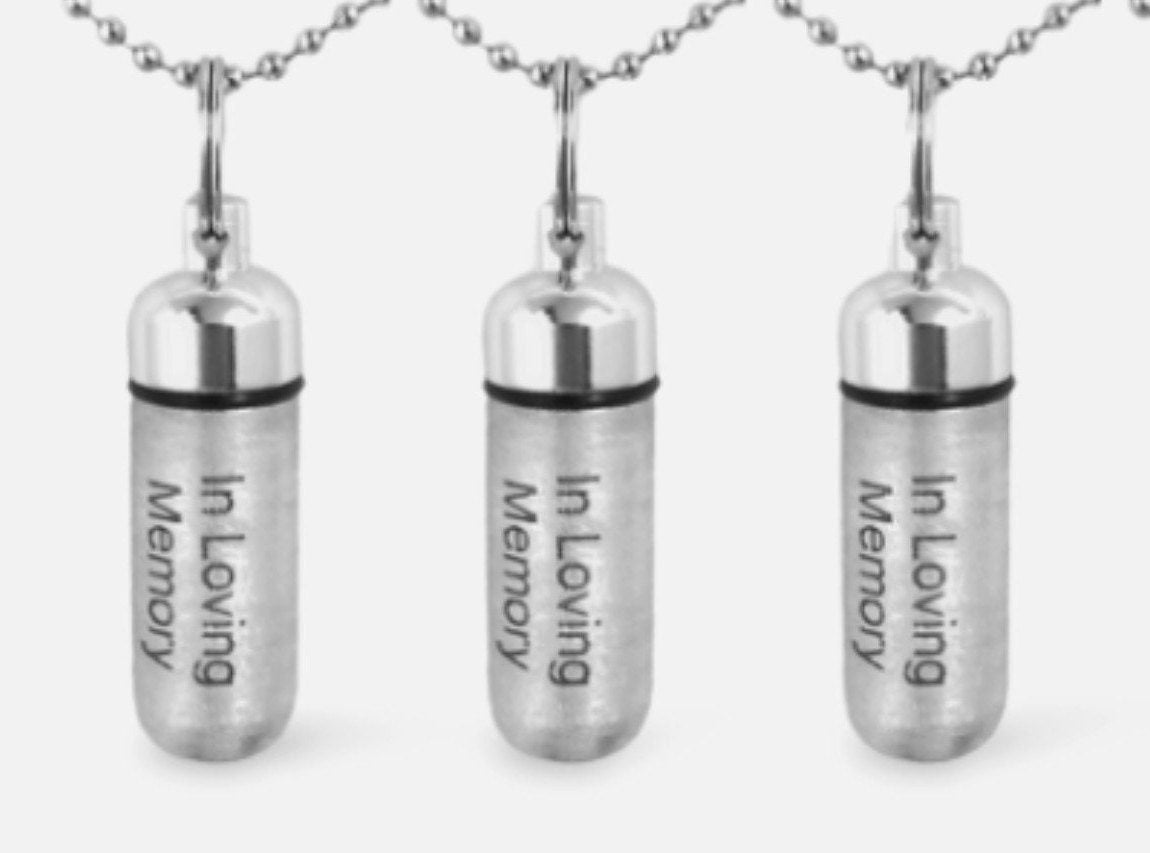 Set of THREE ENGRAVED Brushed Silver Cremation Urn Necklaces "In Loving Memory"  Ashes Keepsake, Urn Necklace, Mourning Jewelry, Pet Urn