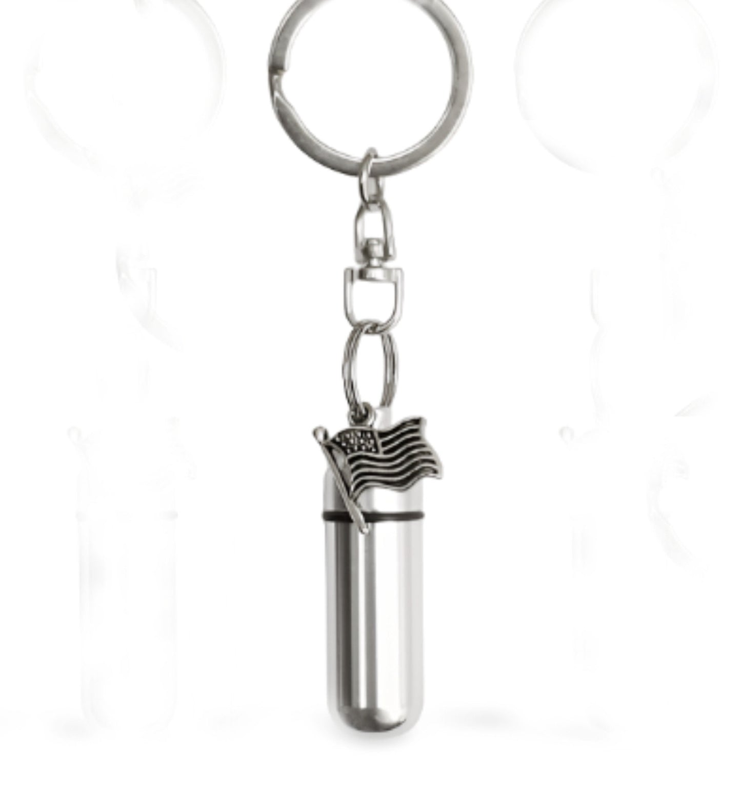 Set of THREE Silver American Flag Cremation Urn Keepsakes on Swivel Steel Keychains, Ashes urn, Memorial Keepsake, Mourning Jewelry, Pet Urn