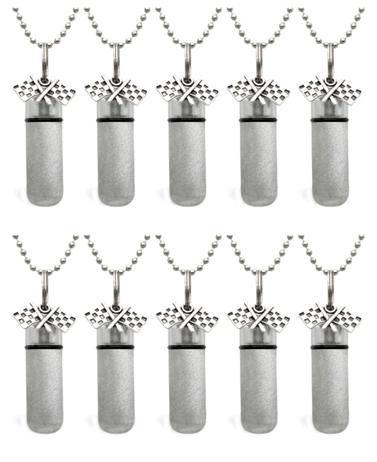 Set of Ten PERSONALIZED Brushed Silver  Racing Flag CREMATION URNS on 24" Steel Ball Chain Necklaces - Ashes Jewelry, Urn Necklace