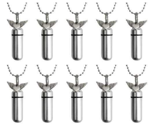 Set of TEN Silver CREMATION URN Necklaces with Winged Hearts - Memorial Jewelry, Urn Pendant, Urn For Human Ashes, Pet Ashes, Personalized