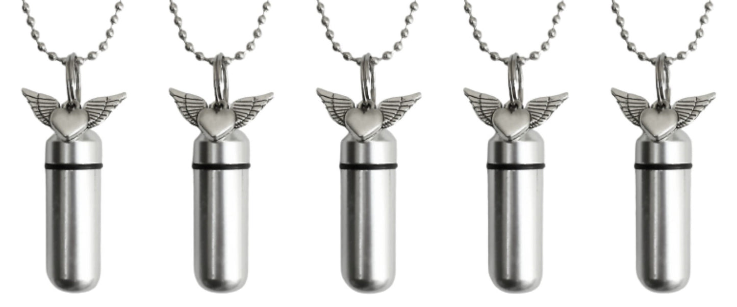 Set of FIVE Silver Winged Heart CREMATION URN Necklaces - Memorial Necklace, Urn Jewelry, Ashes Jewelry, Urn For Human Ashes, Pet Urn