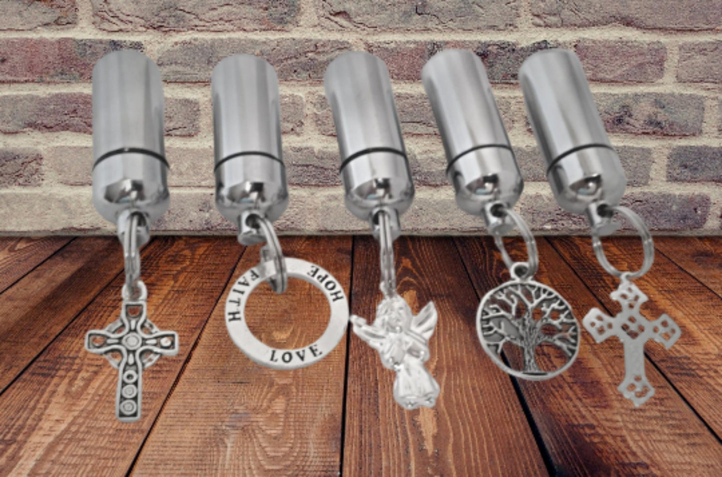 Set of FIVE Assorted CREMATION URN Necklaces - Celtic Cross/Love-Hope-Faith/Angel/Tree Of Life/Lace Cross - Mourning Jewelry, Urn Keepsake