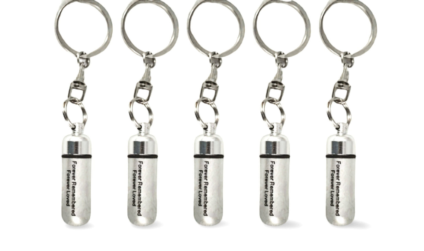 FIVE Engraved "Forever Remembered Forever Loved" Brushed Silver CREMATION URNS On Steel Keychains, Memorial Jewelry, Urn Jewelry, Pet Urn