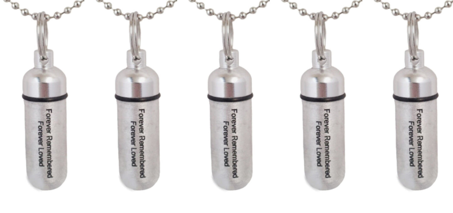 Set of FIVE Engraved Brushed Silver Cremation Urn Necklaces "Forever Remembered, Forever Loved" Memorial Jewelry, Ashes Necklace, Pet Loss