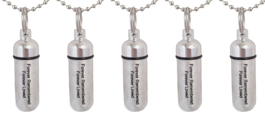 Set of FIVE Engraved Brushed Silver Cremation Urn Necklaces "Forever Remembered, Forever Loved" Memorial Jewelry, Ashes Necklace, Pet Loss