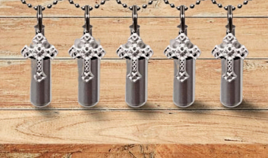 Set of FIVE Polished Silver Cremation Urns Necklaces with Silver Filigree Crosses - Memorial Jewelry, Urns for Human Ashes, Urn Necklace
