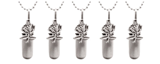 Set of 5 Brushed Silver ROSE ANOINTING OIL Holders with 5 Velvet Pouches, 5 Steel Ball-Chain Necklaces