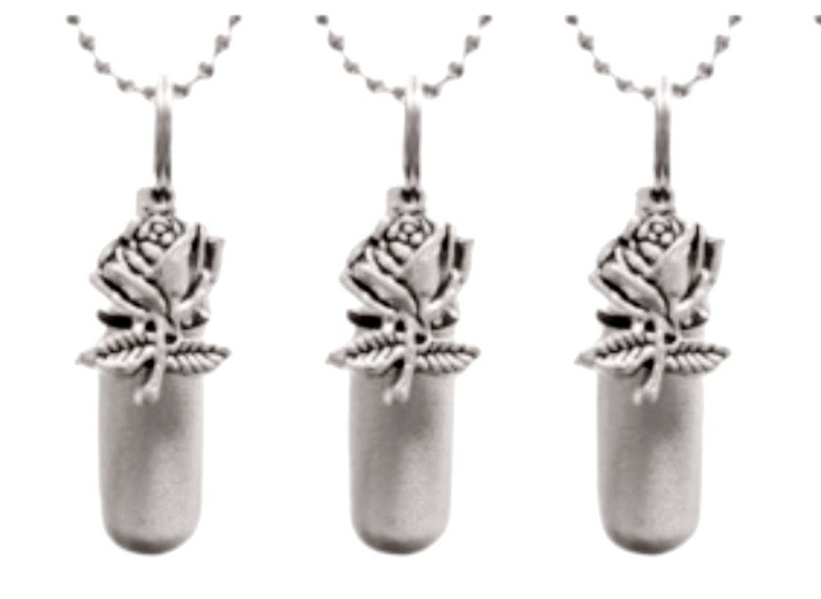 Set of THREE Brushed Silver Rose Anointing Oil Holders - Includes 3 Velvet Pouches, 3  Ball Chains Necklaces - Healing, Baptism, Prayer