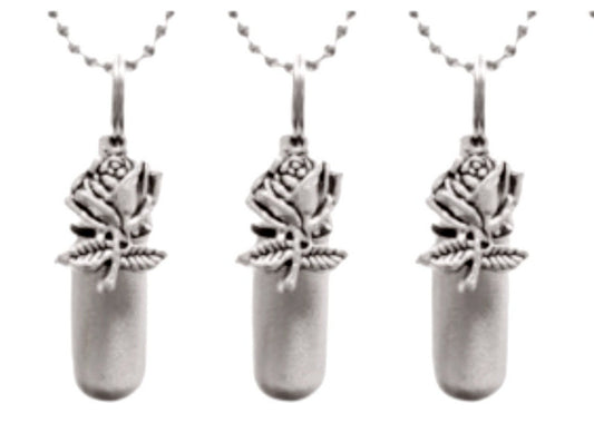 Set of THREE Brushed Silver Rose Anointing Oil Holders - Includes 3 Velvet Pouches, 3  Ball Chains Necklaces - Healing, Baptism, Prayer