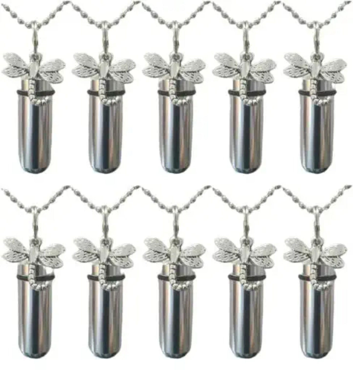Set of TEN Polished Silver CREMATION URN Necklaces w/Silver Dragonfly - Ashes Necklace, Urn Keepsake, Mourning Jewelry, Personalized Urns