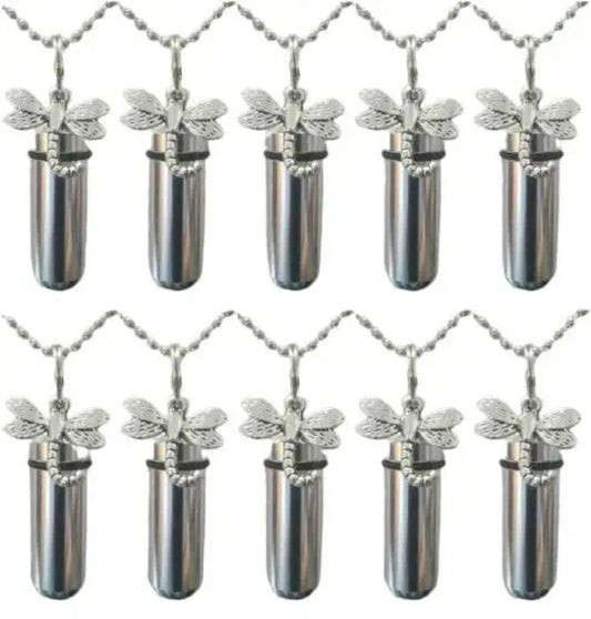Set of TEN Polished Silver CREMATION URN Necklaces w/Silver Dragonfly - Ashes Necklace, Urn Keepsake, Mourning Jewelry, Personalized Urns
