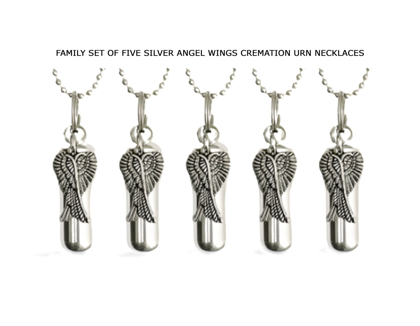 Set of FIVE Silver CREMATION URN Necklace Keepsakes with Large Angel Wings - Memorial Jewelry, Ashes Necklace, Urn Jewelry, Ashes Urn