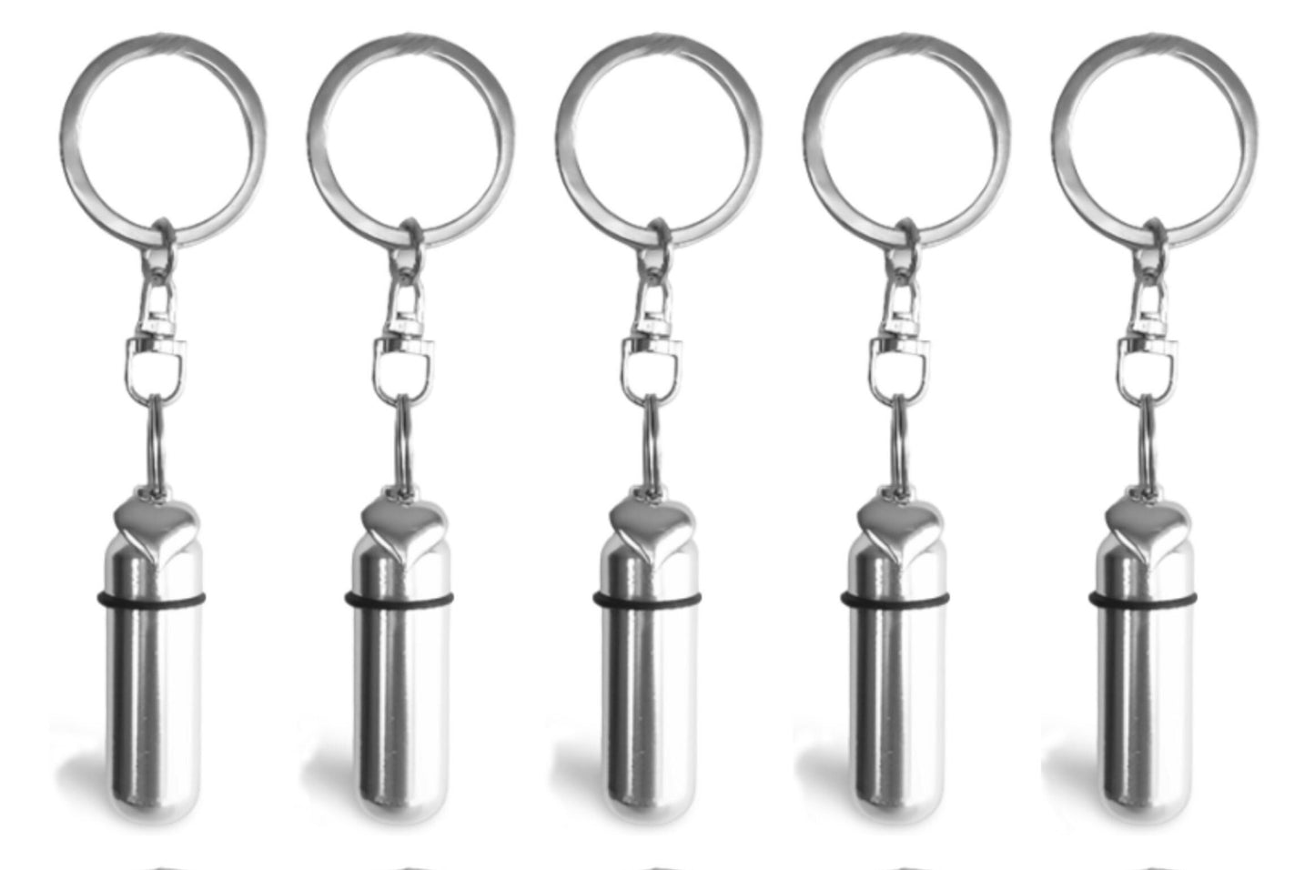 Set of 5 Classic Silver Cremation Urns with Puffed Heart on Steel Swivel Key Rings - Urn Jewelry, Ashes Keepsake, Mourning Jewelry, Pet Urn