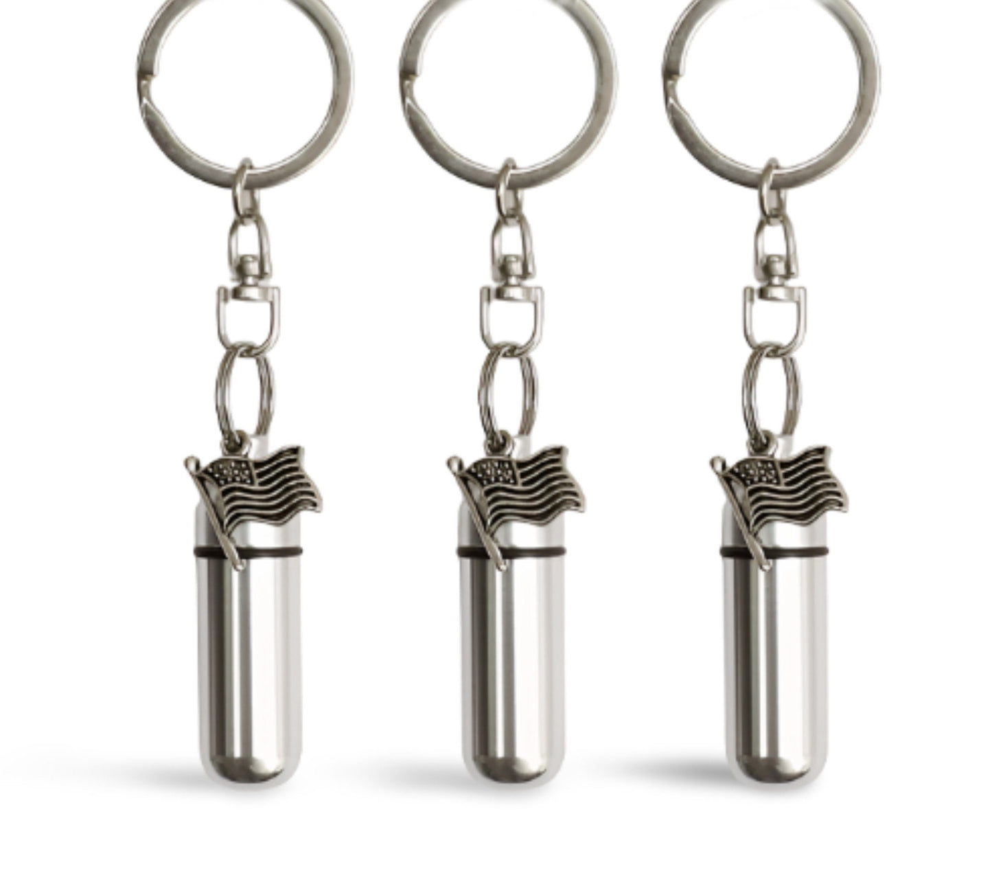Set of THREE Silver American Flag Cremation Urn Keepsakes on Swivel Steel Keychains, Ashes urn, Memorial Keepsake, Mourning Jewelry, Pet Urn