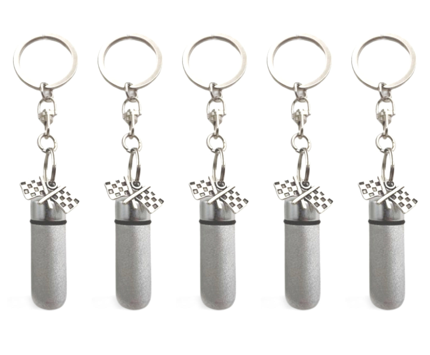 Set of Five PERSONALIZED Brushed Silver Racing Flag CREMATION URNS on Stainless Steel Swivel Keychains - Ashes Jewelry, Urn Keepsake