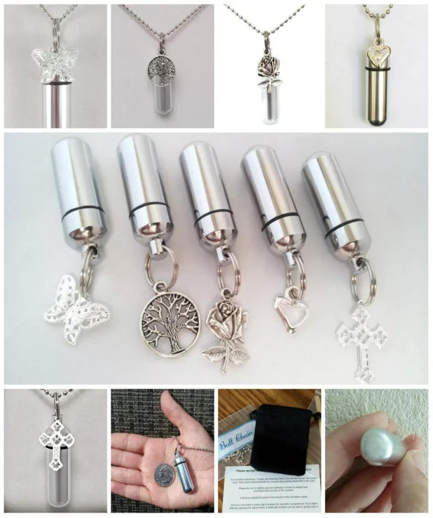 Set of FIVE Assorted CREMATION URN Necklaces, Tree of Life/Butterfly/Rose/Cross/Heart, Memorial Jewelry, Ashes Keepsake, Personalized Urn