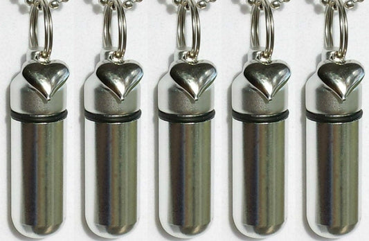 Set of FIVE  Polished Silver Cremation Urn Keepsakes with Silver Puffed Hearts - Urn Jewelry, Ashes Keepsake, Child Loss, Pet Loss