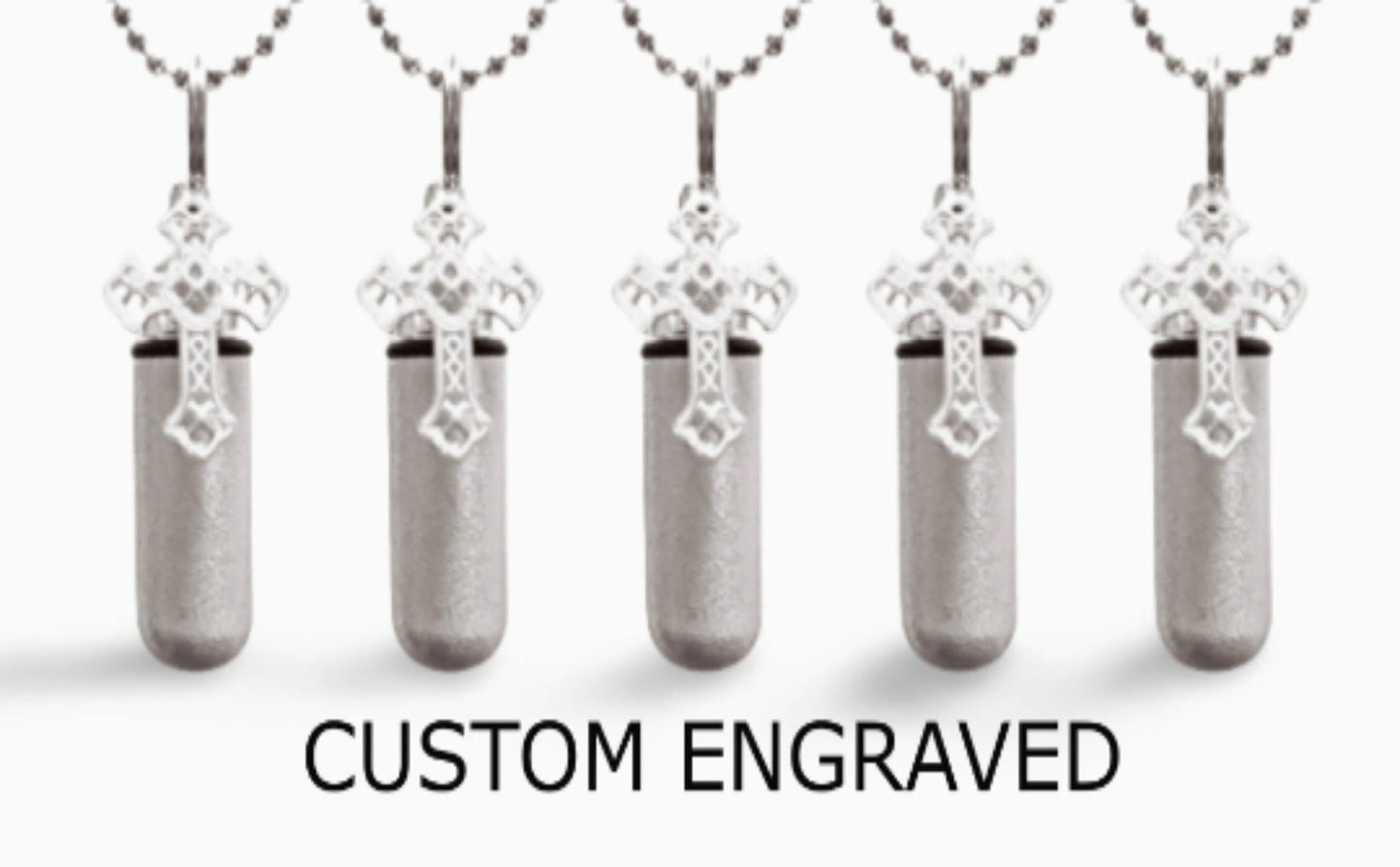 CUSTOM ENGRAVED Set of FIVE Brushed Silver Filigree Cross Cremation Urn Necklaces, Ashes Keepsake, Urn Jewelry, Child Urn, Personalized Urn