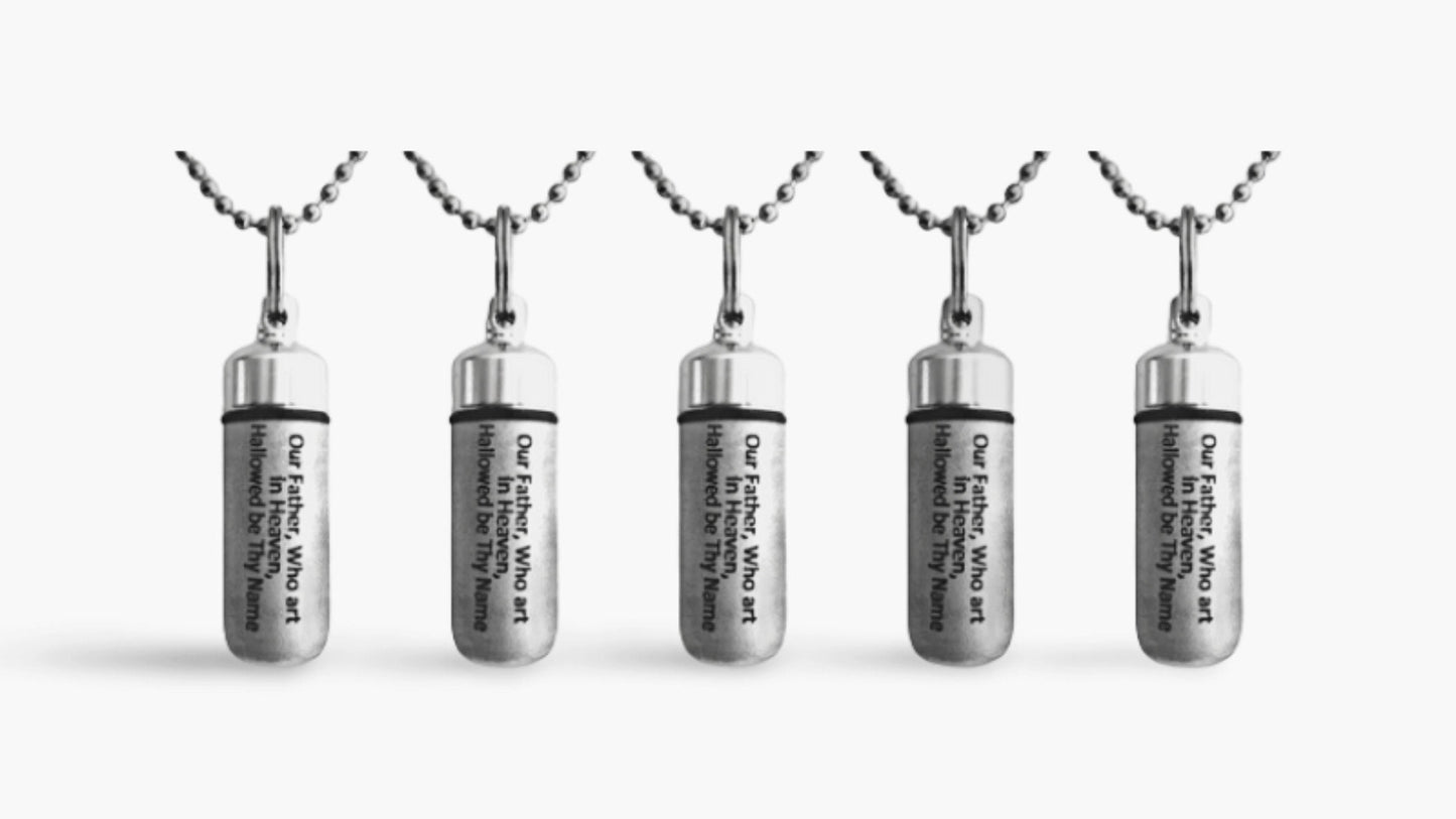 Set of 5 ENGRAVED Brushed Silver CREMATION URN Necklaces "Our Father Who art in Heaven"  Mourning Jewelry, Ashes Keepsake, Urn For Ashes,