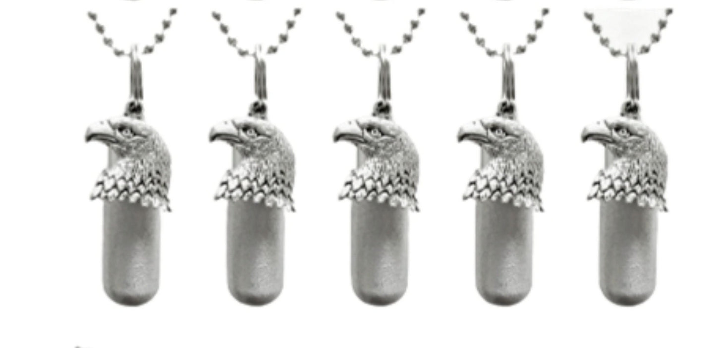 Set of FIVE Brushed Bald Eagle ANOINTING OIL Holder with 5 Velvet Pouches, 5 Steel Ball-Chain Necklaces - Prayers, Blessing, Health