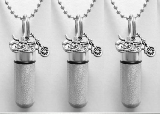 Set of Three Brushed Silver CUSTOM ENGRAVED Motorcycle Cremation Urn Necklaces - Urn Jewelry, Ashes Necklace, Urn For Human Ashes, Pet Urn