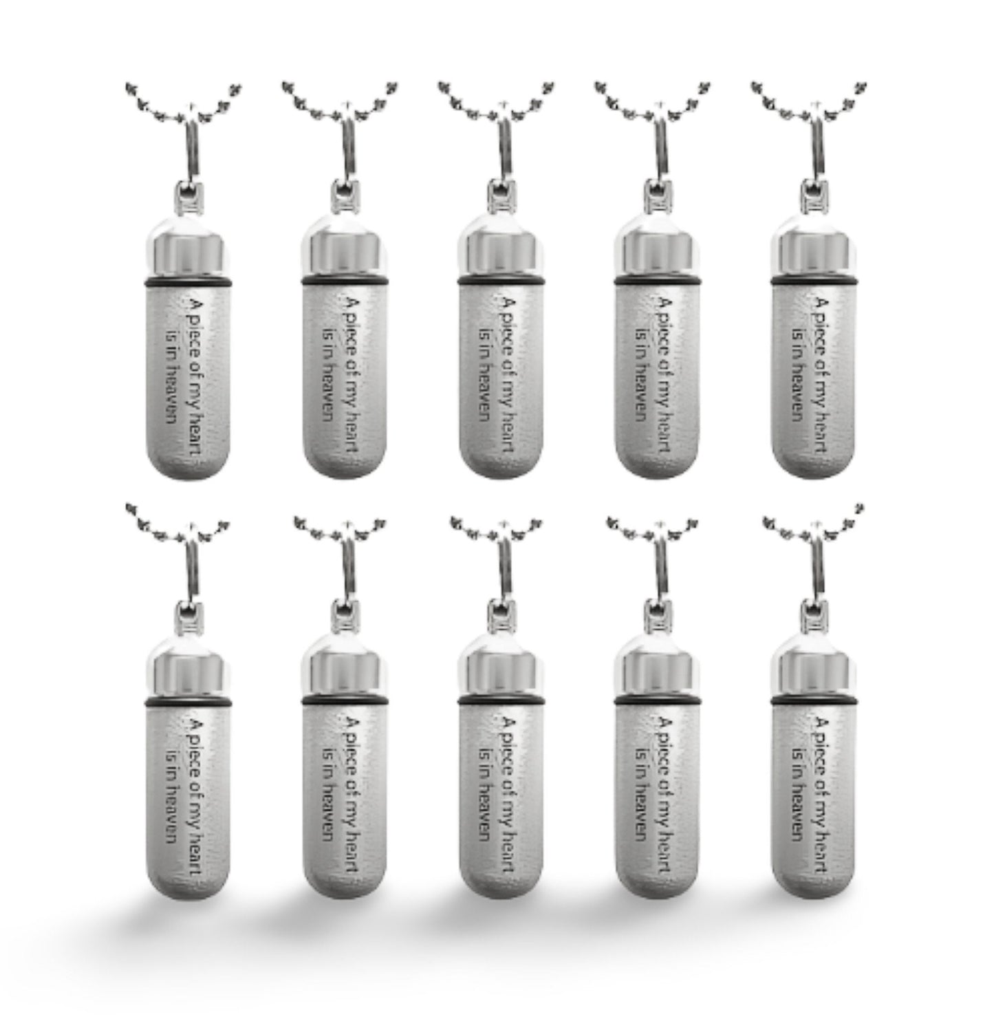 Set of 10 Engraved "A piece of my heart is in heaven" Brushed Silver CREMATION URN Necklaces - Memorial Jewelry, Mourning Jewelry, Pet Ashes