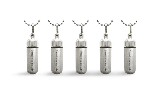 Set of 5 ENGRAVED Brushed Silver CREMATION URN Necklaces "Eternally by my side" -  Urn Keepsake, Ashes, Necklace, Pet Urn, Mourning Jewelry