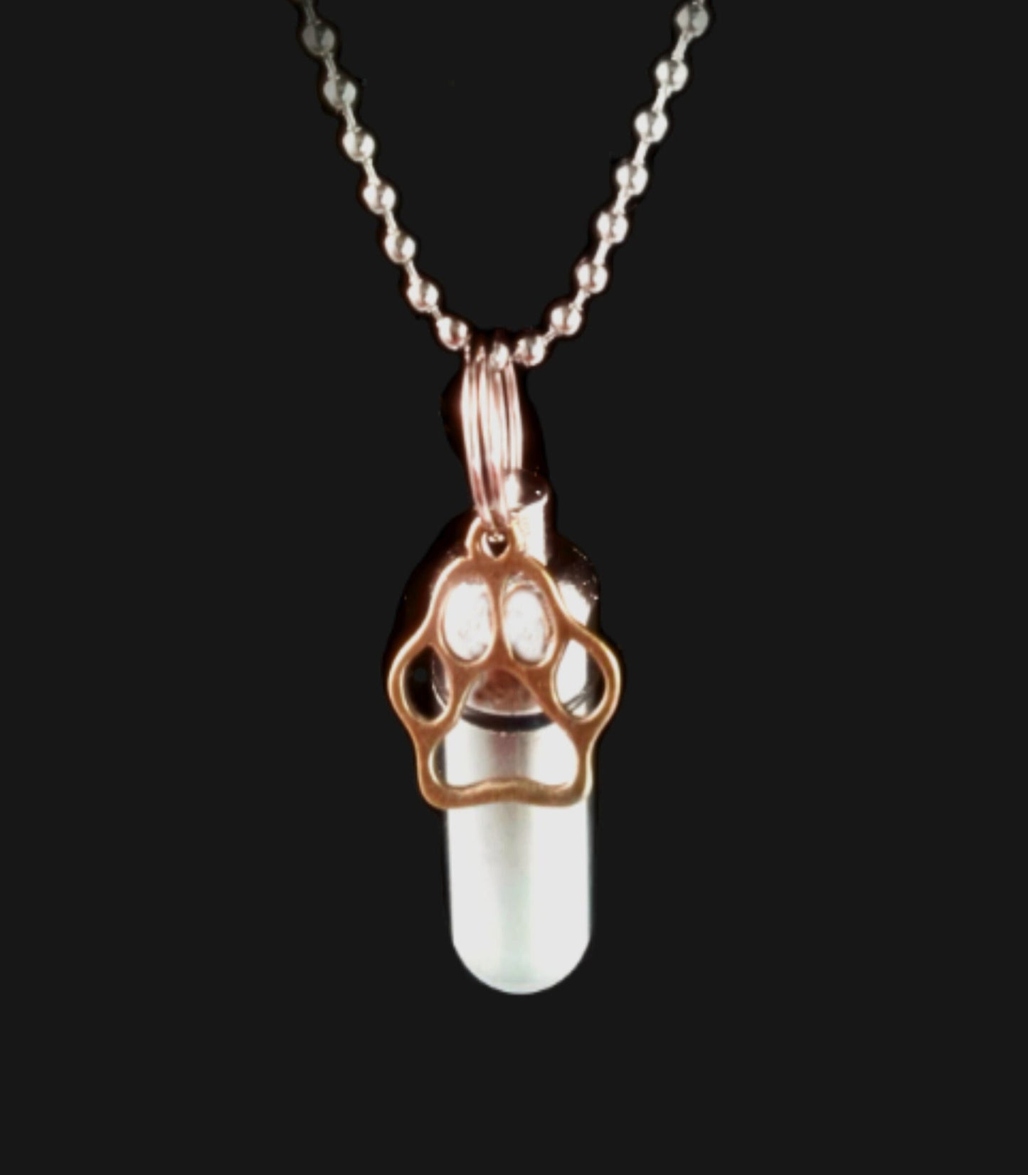 Silver Cremation Urn on 24" Ball-Chain Necklace with Gold Pet Paw - Pet Urn, Dog Urn, Cat Urn, Mourning Keepsake, Personalized Urn