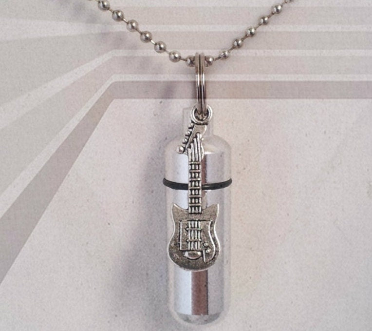 Silver Electric Guitar CREMATION URN on 24" Ball Chain Necklace - Ashes Jewelry, Memorial Urn, Keepsake Urn, Mourning, Personalized Urn