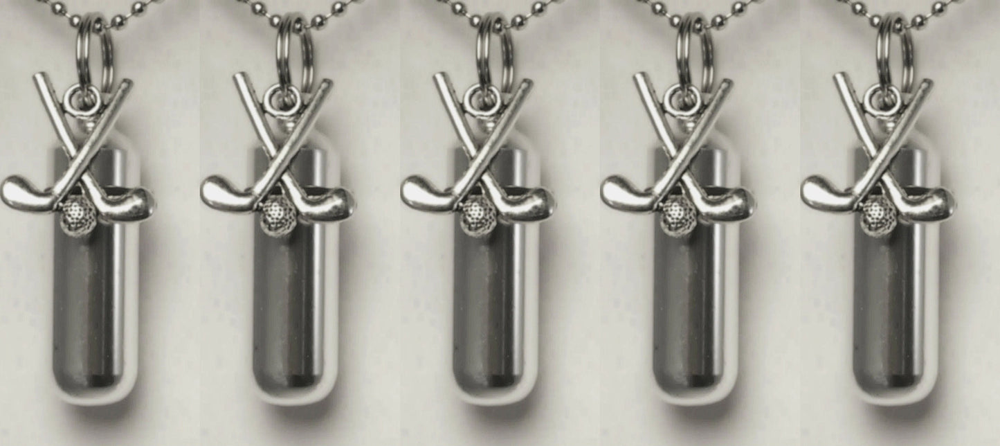 Set of Five Brushed Silver CREMATION URN Necklaces with Golf Clubs - Memorial Jewelry, Ashes Necklace, Urn For Human Ashes, Personalized Urn