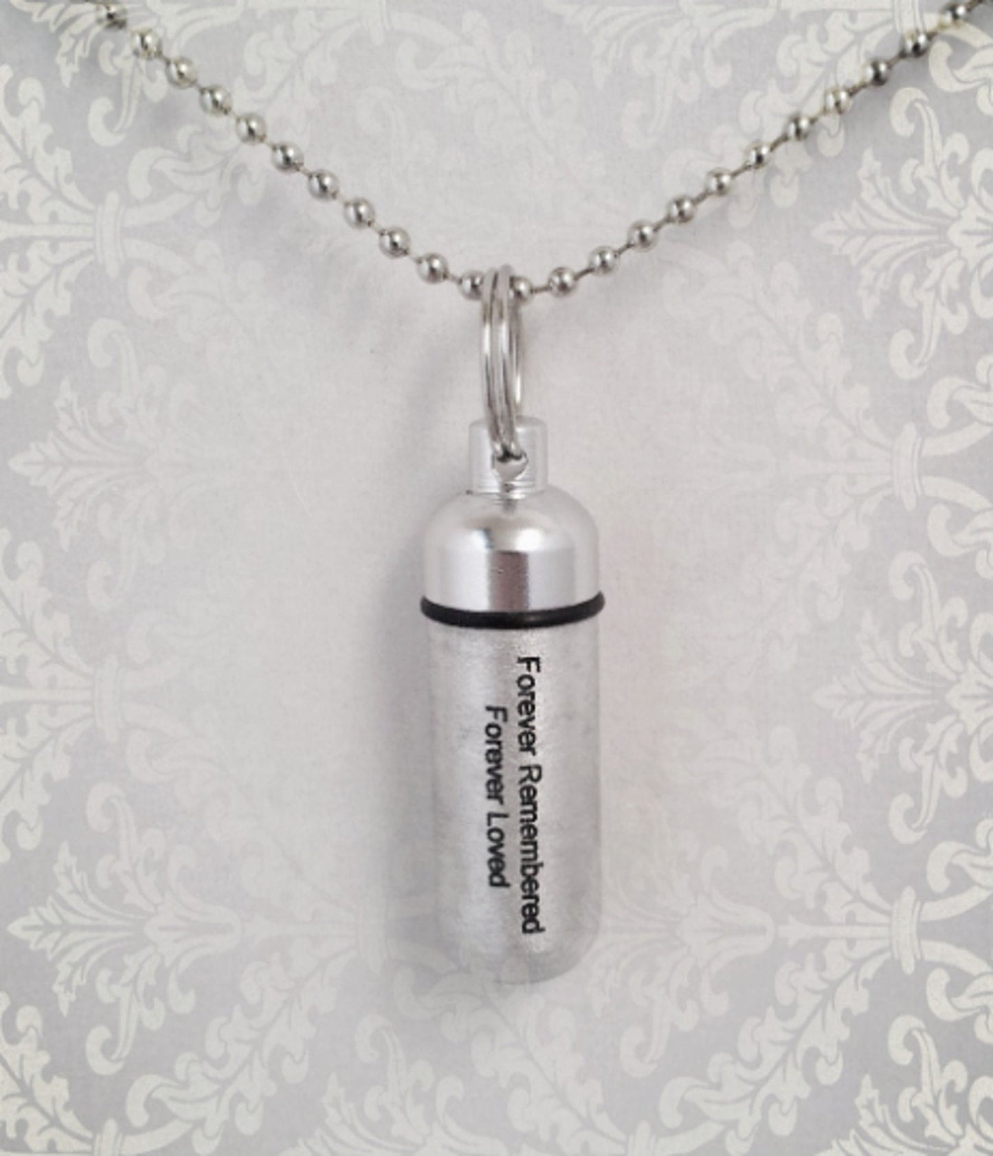 Engraved Cremation Urn Necklace "Forever Remembered, Forever Loved" 2-tone Brushed Silver Finish - Includes Velvet Pouch and Fill Kit