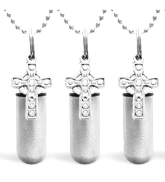 Set of 3 Brushed Silver Anointing Oil Holders with Celtic Crosses - With 3 Velvet Pouches, 3  Ball Chain Necklaces