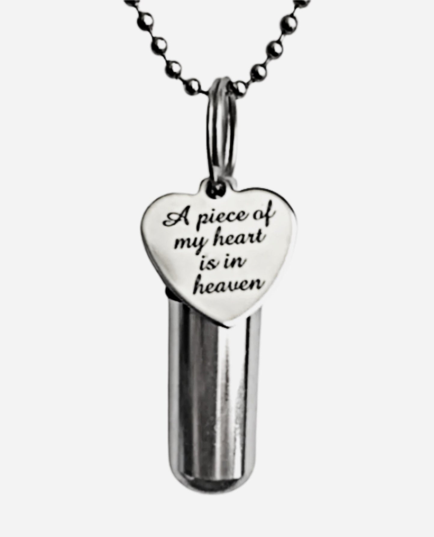 Lovely CREMATION URN NECKLACE Engraved  "A piece of my heart is in heaven" on Stainless Steel Heart Charm - Memorial Keepsake, Ashes Jewelry