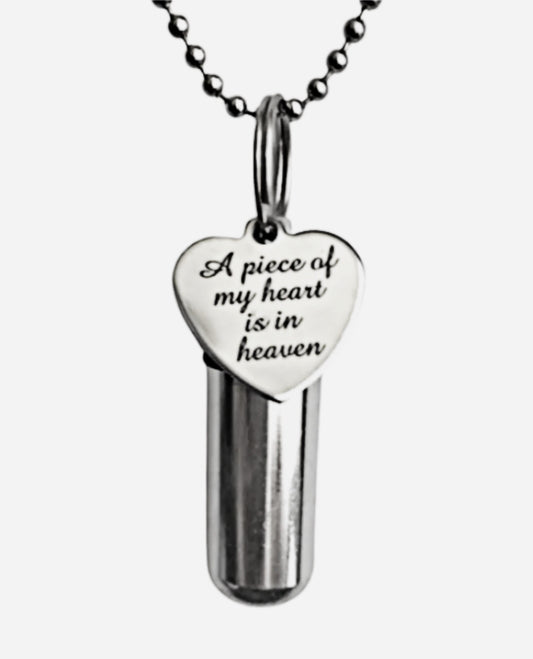 Lovely CREMATION URN NECKLACE Engraved  "A piece of my heart is in heaven" on Stainless Steel Heart Charm - Memorial Keepsake, Ashes Jewelry