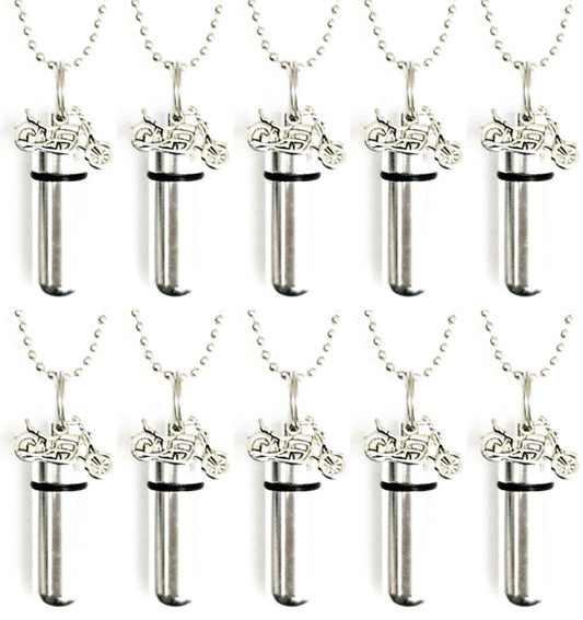 Set of Ten Polished Silver MOTORCYCLE CREMATION URN Necklace Keepsakes, Ashes Urn, Memorial Jewelry, Mourning Jewelry, Personalized Urn