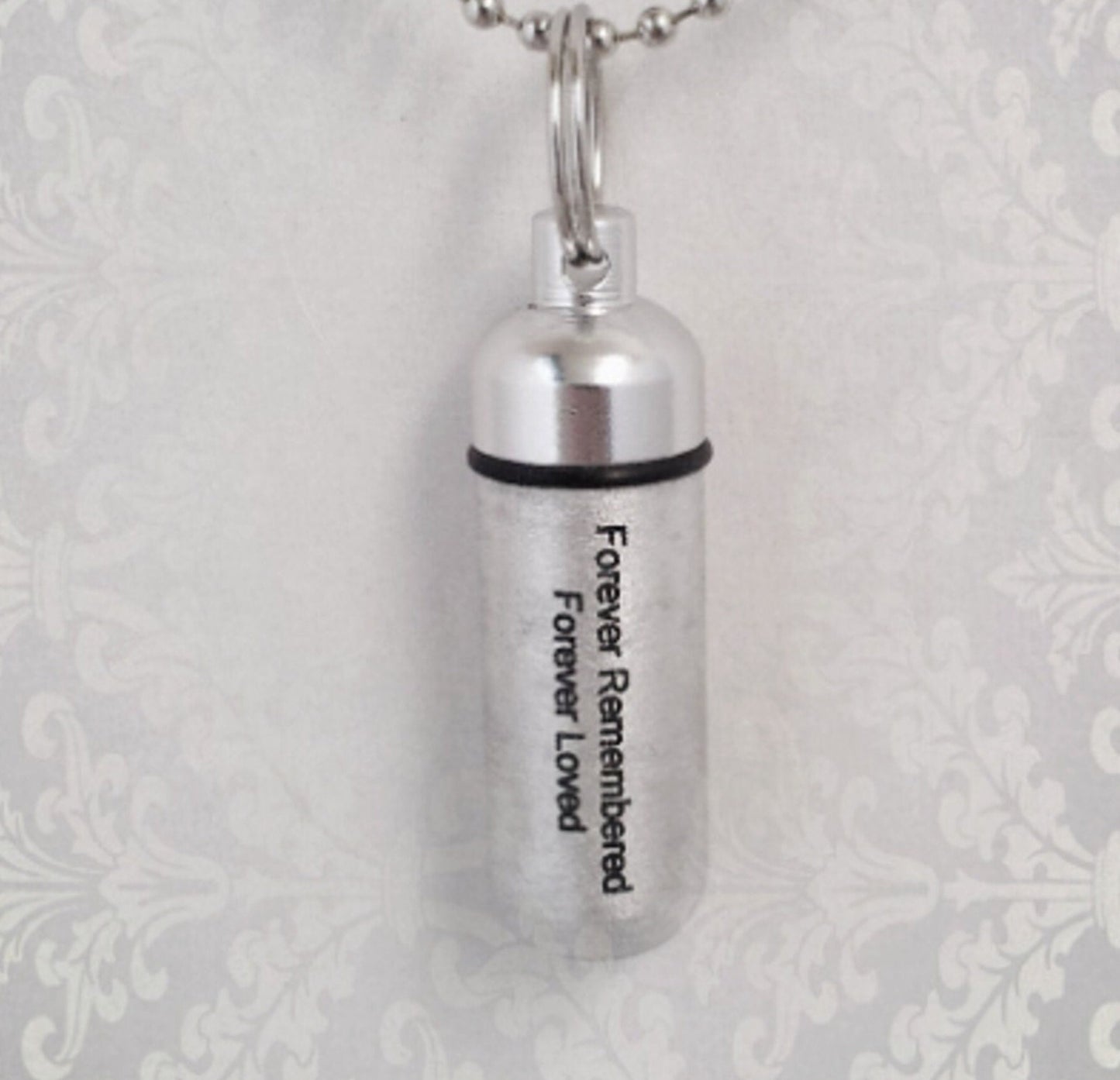 Engraved "Forever Remembered, Forever Loved" Brushed Silver Cremation Urn Swivel Keychain - Hand Assembled.... with Velvet Pouch & Fill Kit