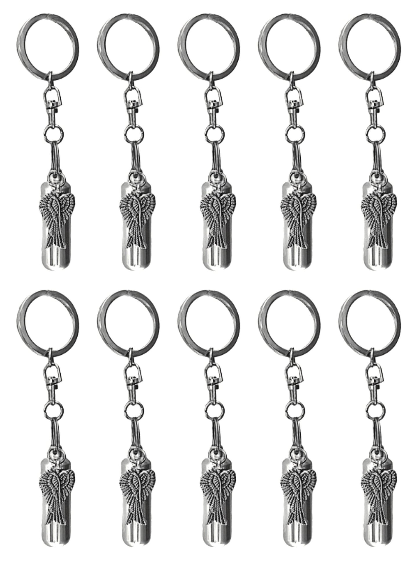 Set of TEN Silver Cremation Urn on Swivel Keychains with Angel Wings - Memorial Urn, Mourning Keepsake, Child Urn, Pet Urn, Personalized Urn