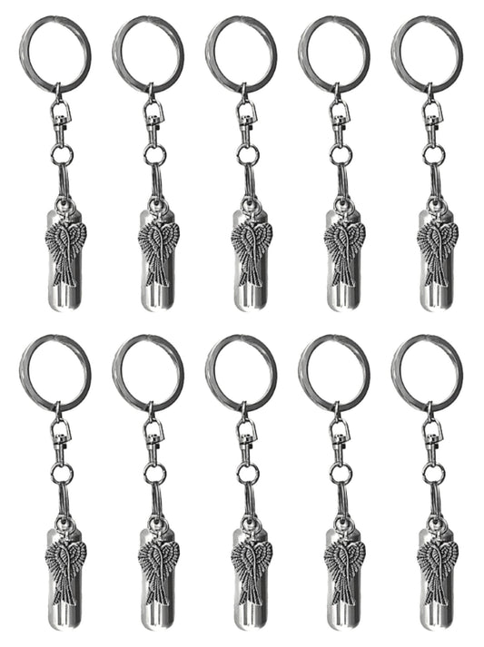 Set of TEN Silver Cremation Urn on Swivel Keychains with Angel Wings - Memorial Urn, Mourning Keepsake, Child Urn, Pet Urn, Personalized Urn