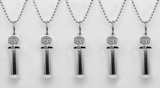 Set of Five Cremation Urn Necklace Keepsakes with Basketball Charm - Memorial Jewelry, Ashes Necklace, Child Urn, Personalized Urn