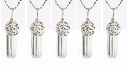 Set of FIVE "I Love You To The Moon And Back" Cremation Urns on 24" Ball Chain Necklaces - Memorial Urn, Ashes Necklace, Pet Urn, Child Urn