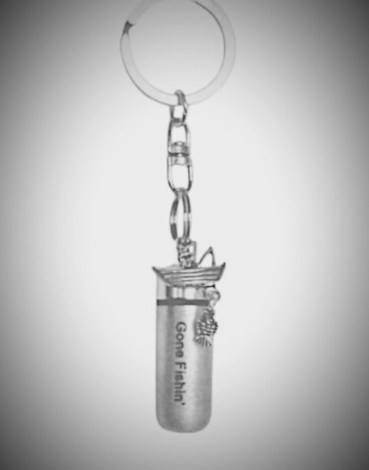 Laser Engraved Cremation Urn Swivel Keychain "Gone Fishin" with Fisherman - Includes Velvet Pouch and Fill Kit