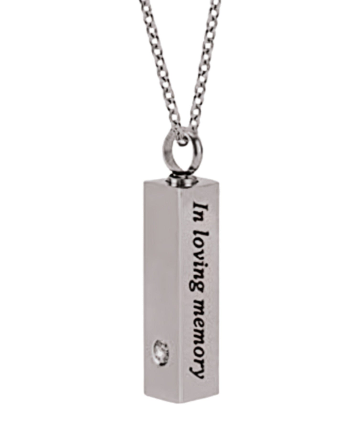 Stainless Steel Cylinder CREMATION URN with Clear Crystal on 21" Curb Chain Necklace with Pink Rhinestone - Engraved: "In loving memory"