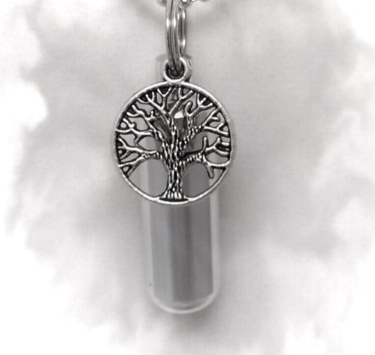 Wonderful Silver Tree-Of-Life CREMATION URN Keepsake with ENGRAVED Heart - Includes Velvet Pouch & Fill Kit
